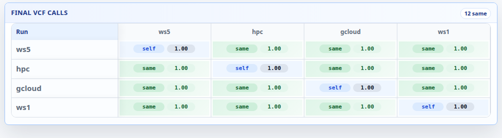 Screenshot of the 1000 Genomes cross-environment CBIcall Final VCF calls NxN heatmap, showing identical call-level fingerprints across all four environments.