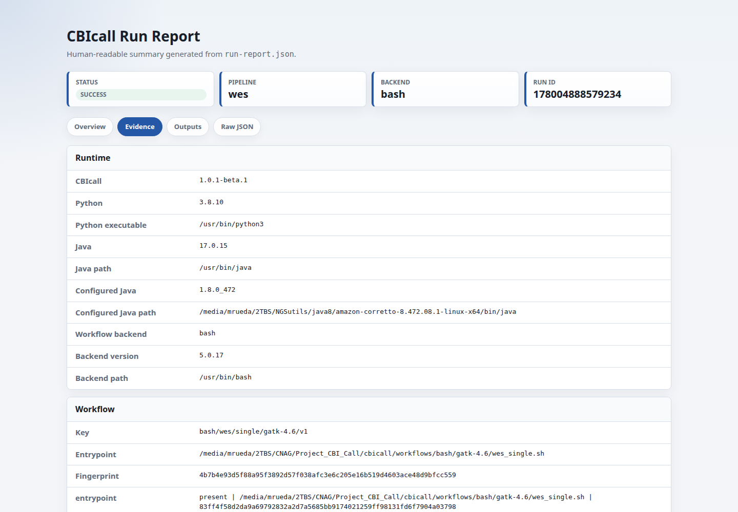 Screenshot of the native CBIcall run-report HTML evidence tab, showing workflow fingerprints, resource identity, runtime versions, and linked audit artifacts.