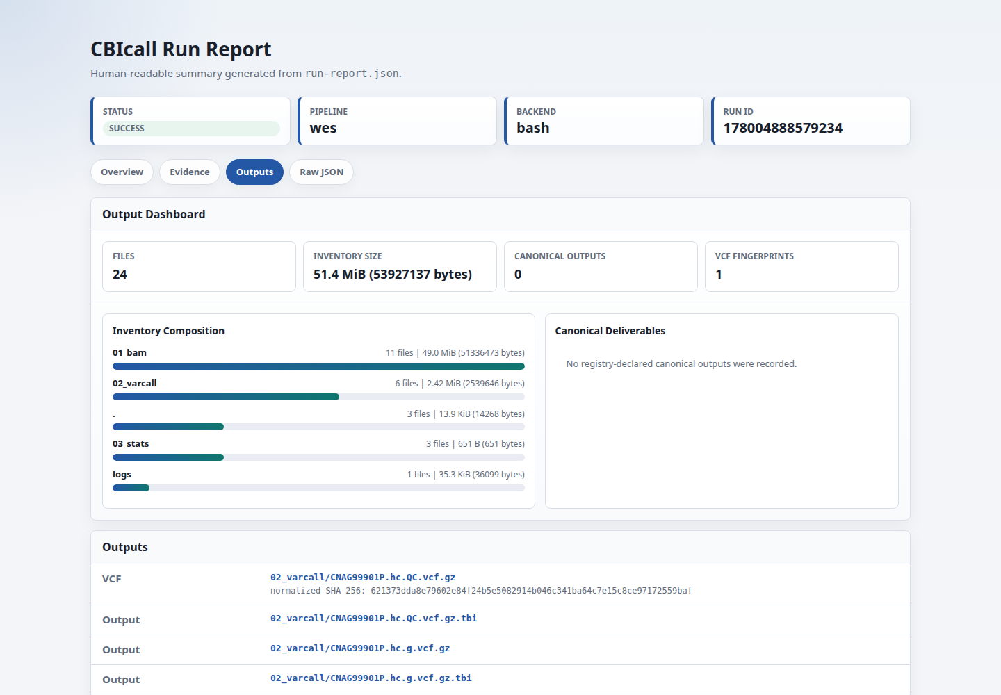 Screenshot of the native CBIcall run-report HTML outputs tab, showing canonical files, output inventory, and file-size summaries.