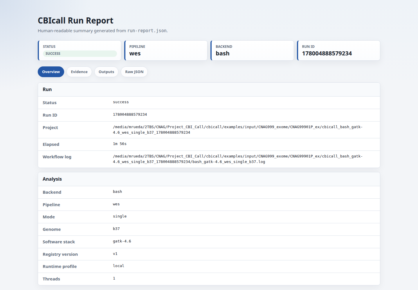 Screenshot of the native CBIcall run-report HTML overview tab, showing the run summary and audit sections.