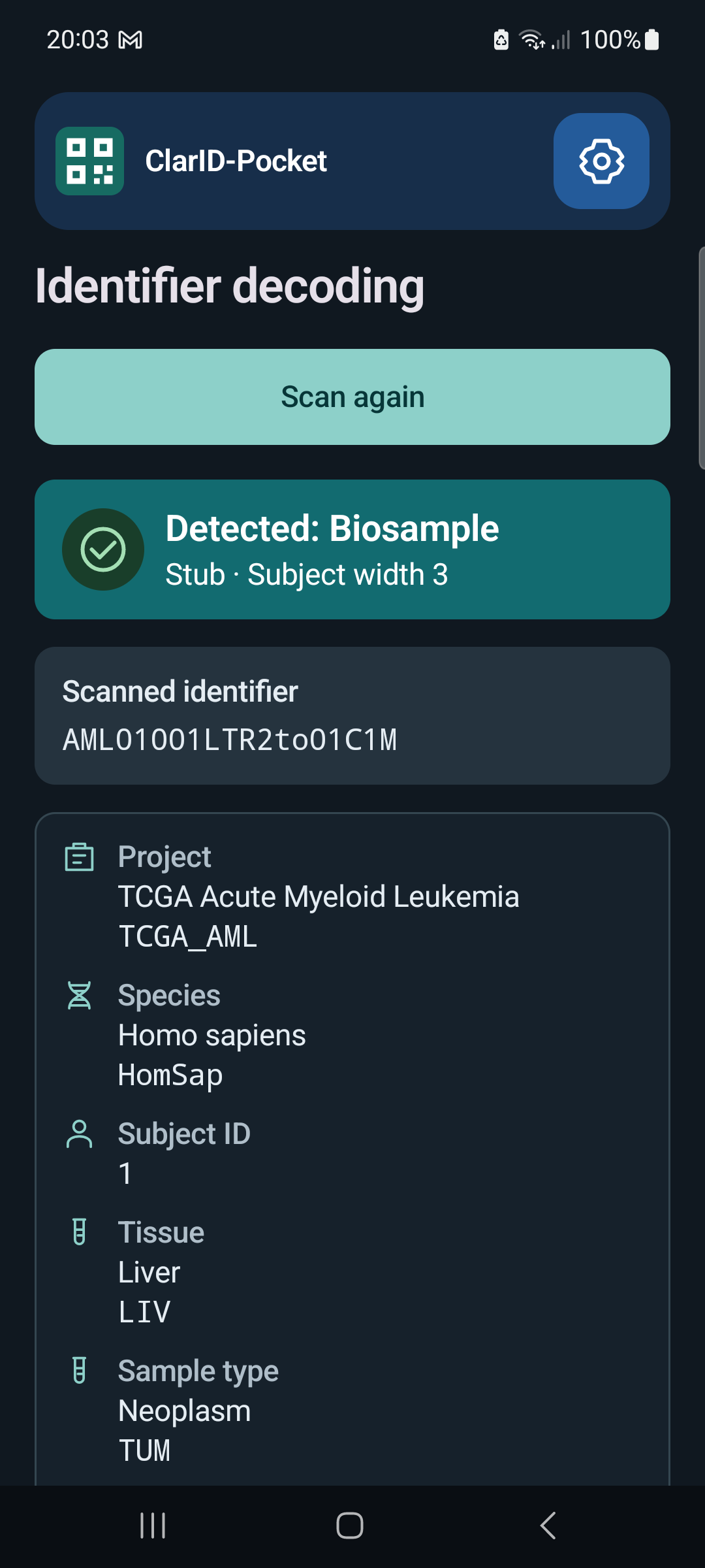 ClarID-Pocket showing an automatically detected biosample and its decoded fields