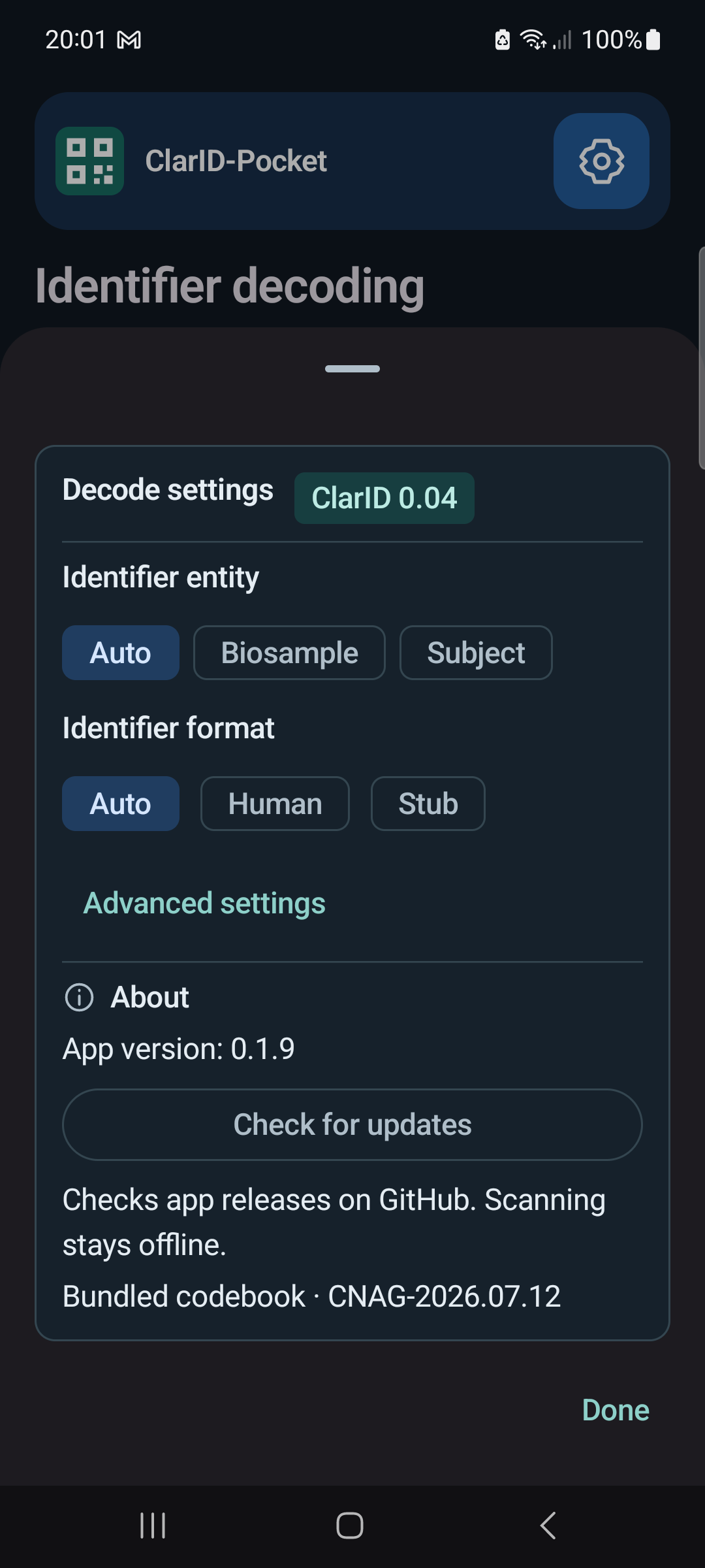 Settings showing Auto entity and format, Advanced settings, app version 0.1.9, and Check for updates