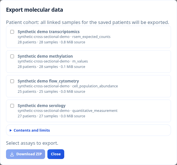 Molecular export dialog listing the available synthetic assays and their sample counts