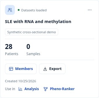 Saved cohort library containing an SLE cohort selected by RNA and methylation availability