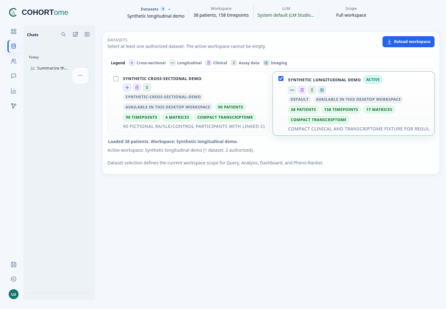 Dataset selection and workspace status
