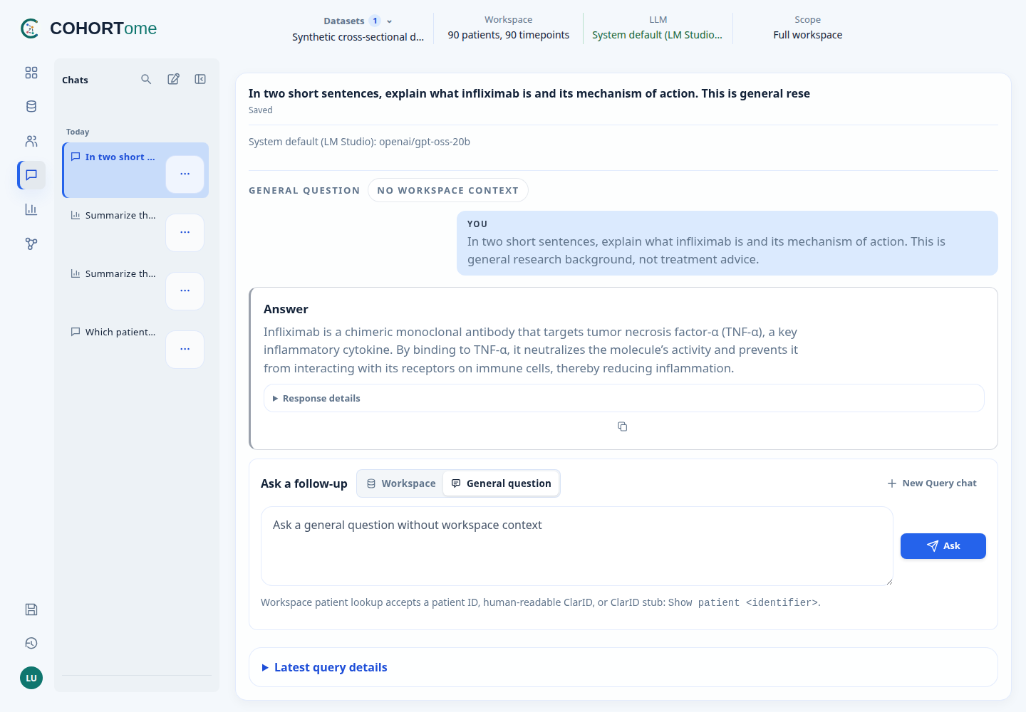LM Studio answering a general research question with no workspace context attached