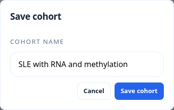 Save cohort dialog naming an SLE group with RNA and methylation data