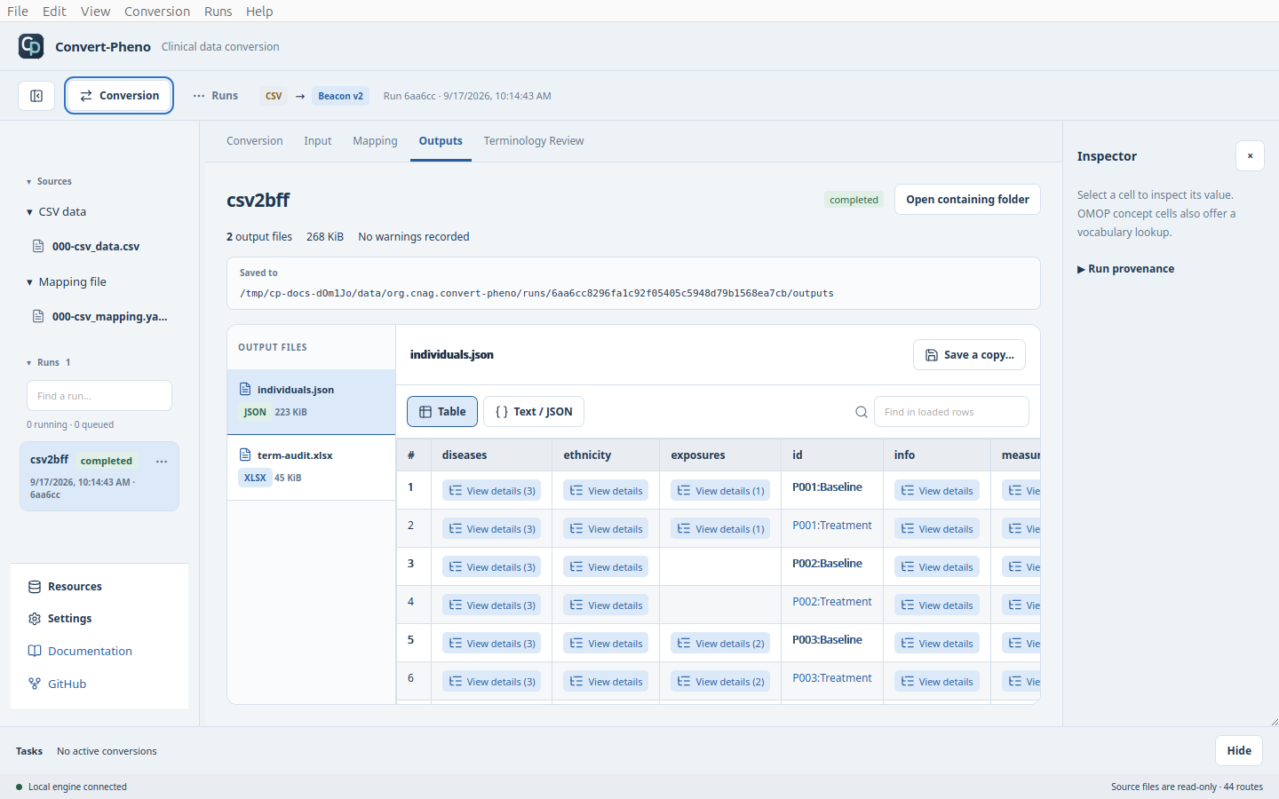 Beacon individuals and audit files produced by the same CSV conversion