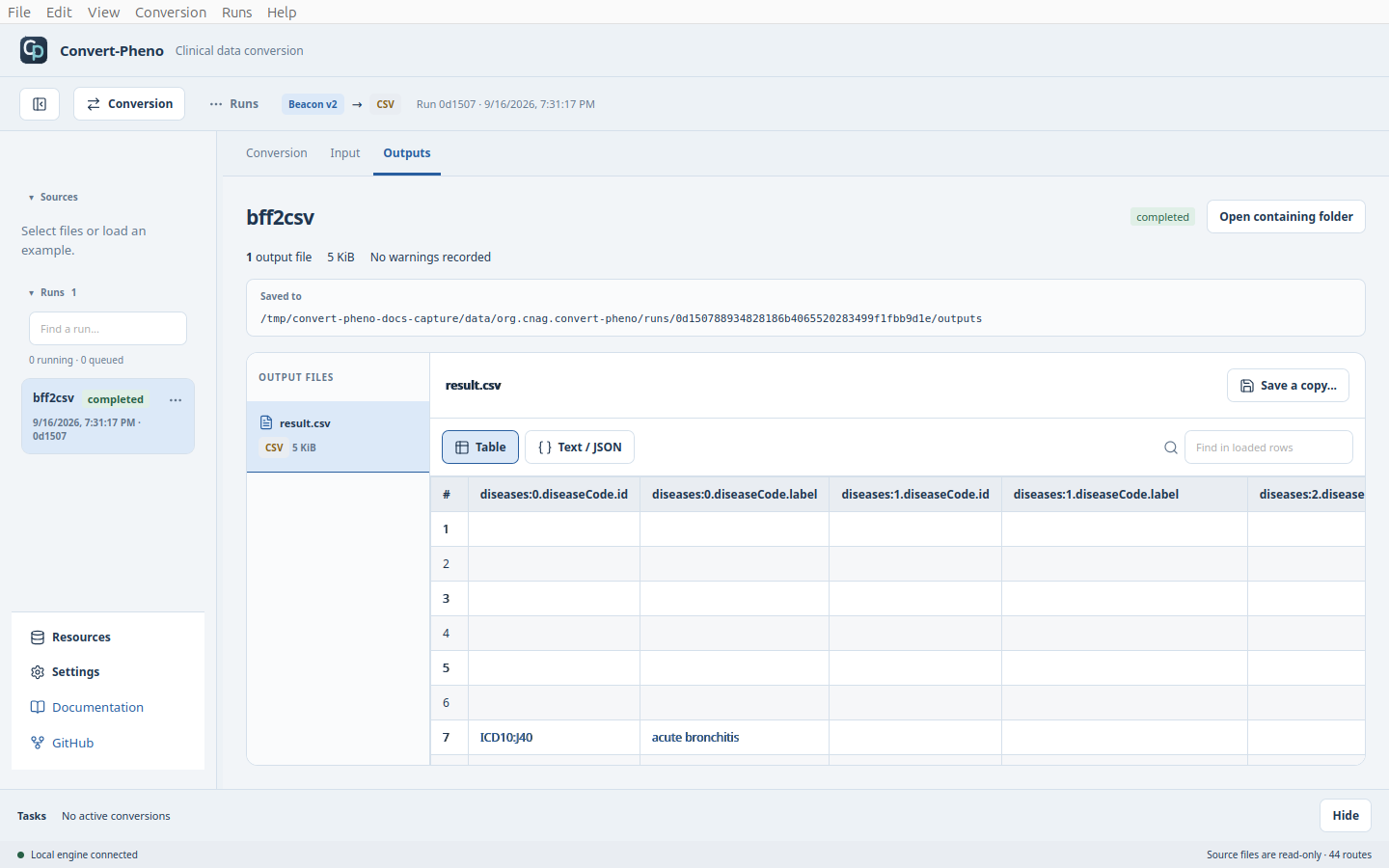 A completed synthetic BFF-to-CSV conversion