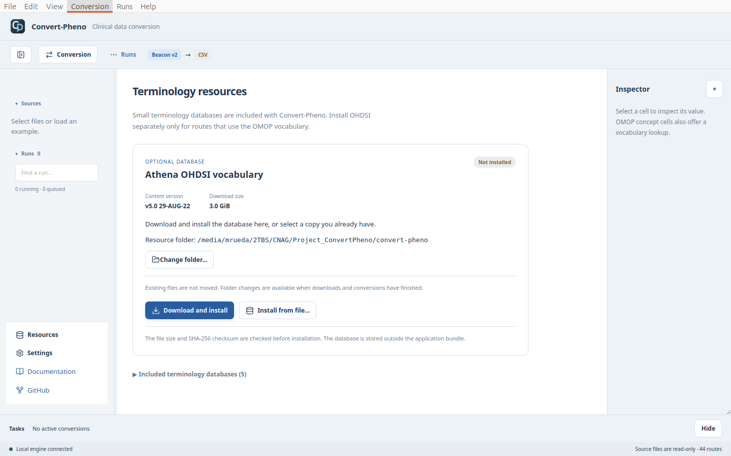 Resources page with the OHDSI download and installation controls