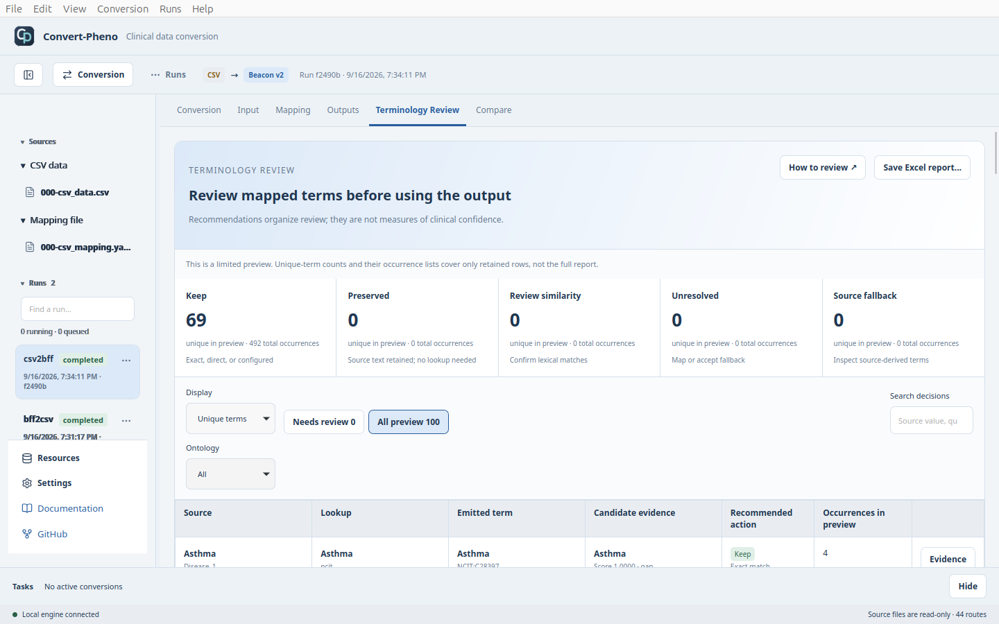 Terminology decisions from the same synthetic CSV conversion