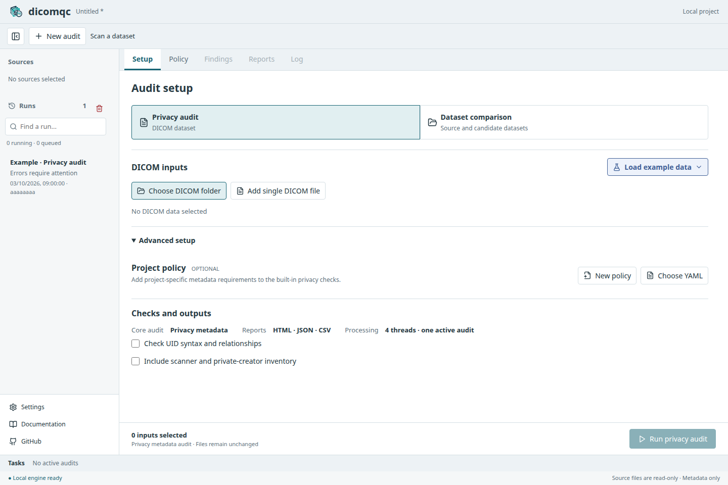 Expanded Advanced setup showing optional project policy, UID checks, and scanner inventory.