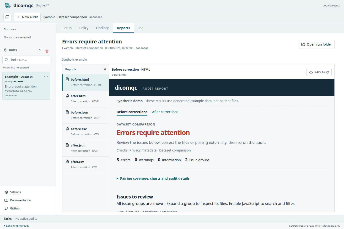 Comparison report summary showing three errors in two issue groups.