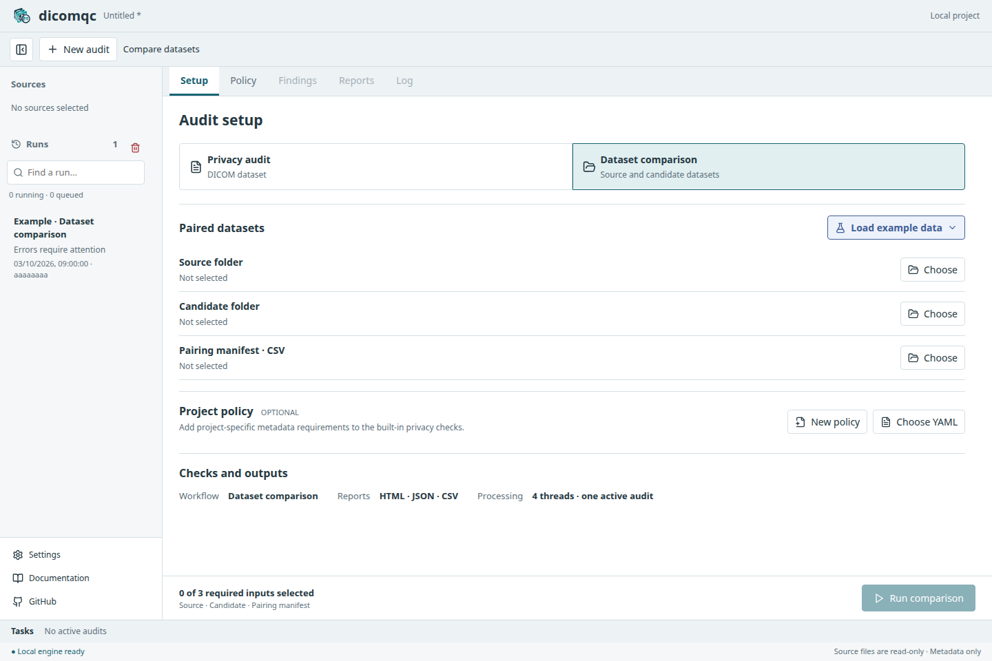 Comparison setup with source, candidate, and pairing manifest inputs.