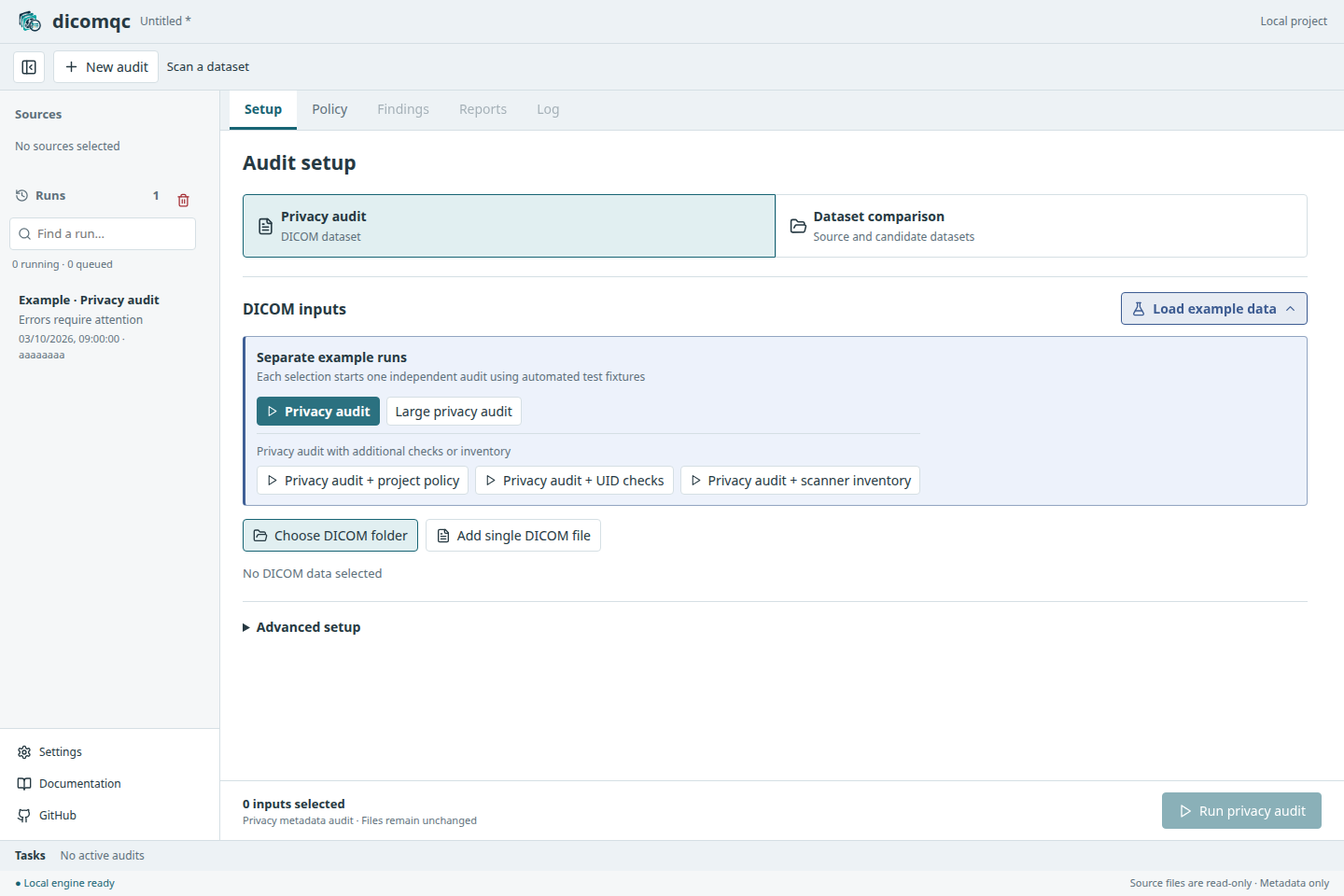 Privacy audit setup with the primary privacy example and secondary examples for optional checks.