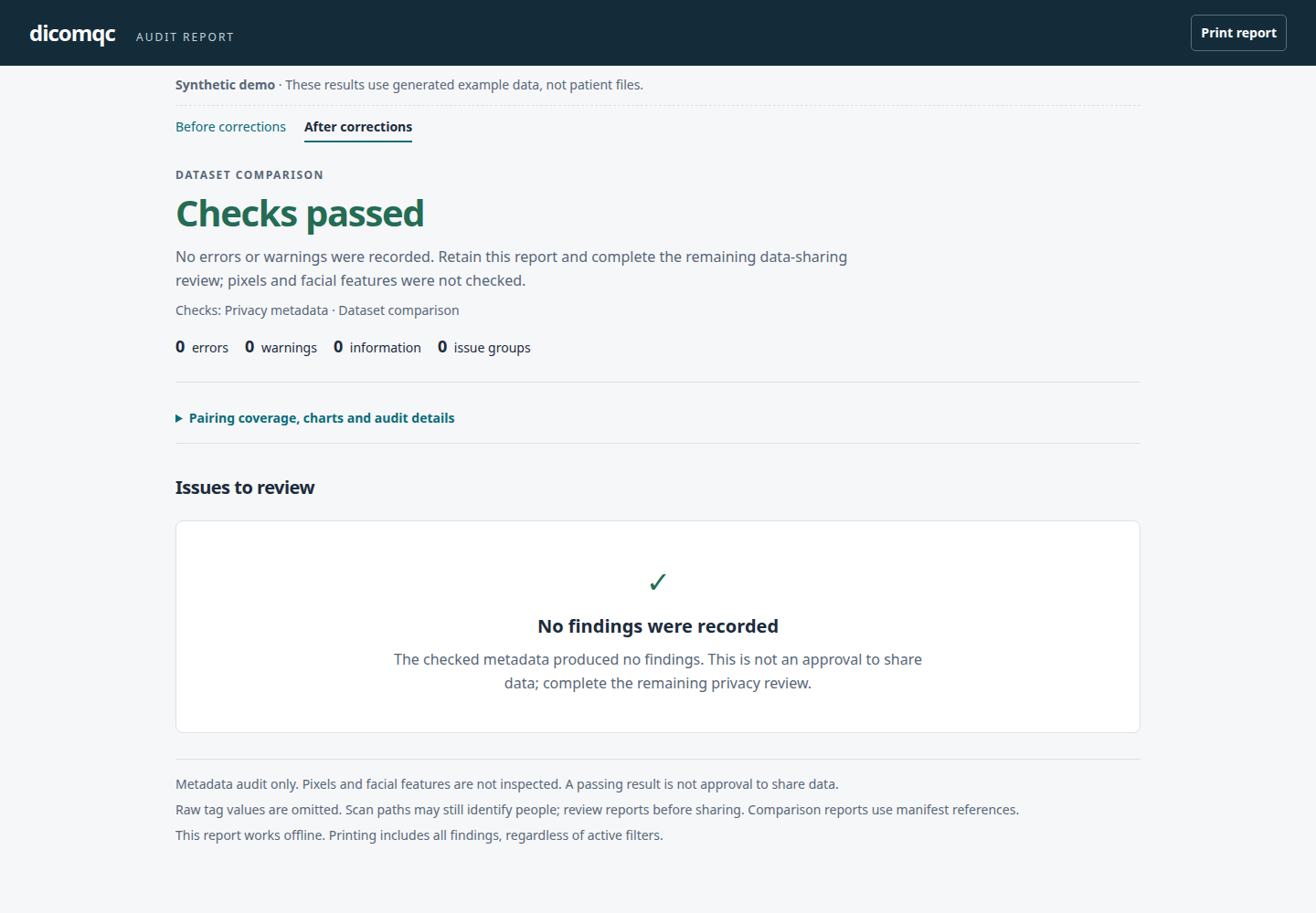 HTML comparison report after corrections, showing checks passed and no findings.