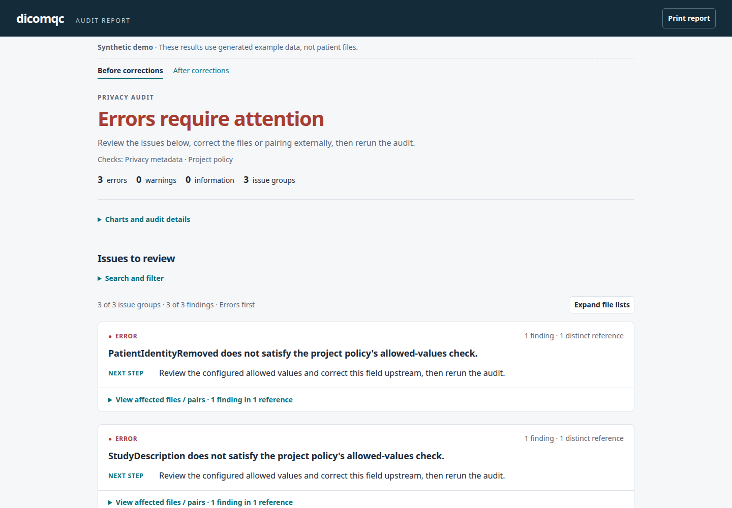 HTML policy report showing three project-policy issues without exposing observed metadata values.