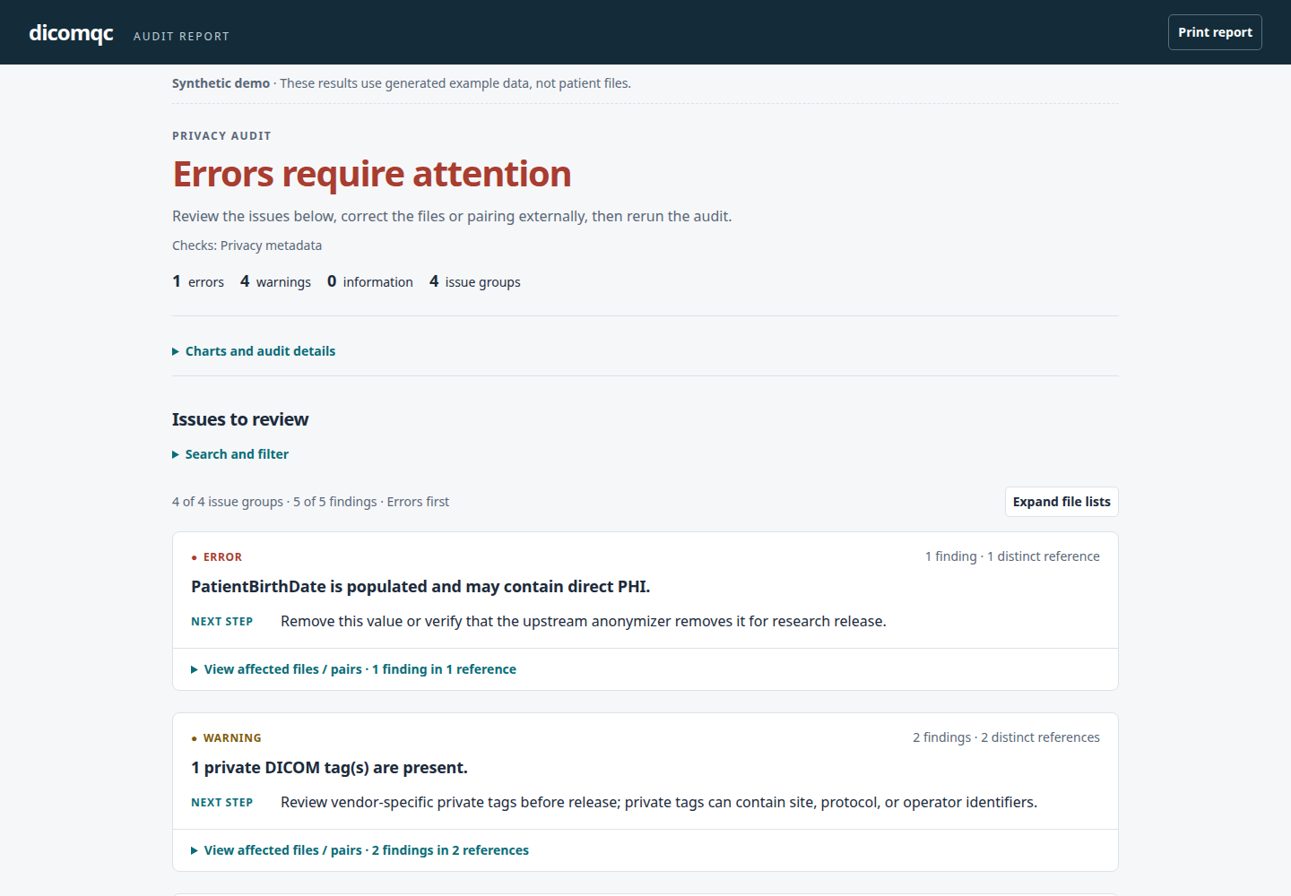 HTML scan report showing one error, four warnings, and grouped findings from the three synthetic DICOM files.