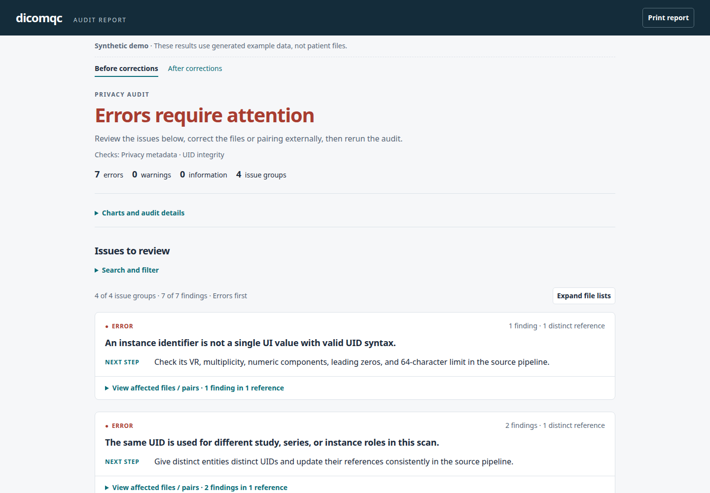 Actual synthetic UID report showing seven errors in four grouped issues.